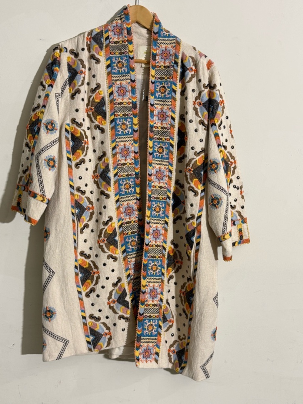 Maeve Ivory Open Cardigan with Multicolor Embroidered Trim
